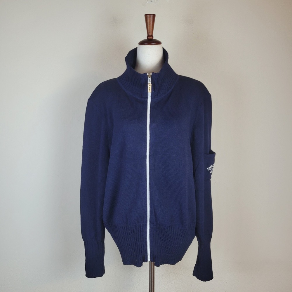 St. John Sport Jacket XL Navy Blue Zip Mock Neck Logo Santana Knit Wool Blend